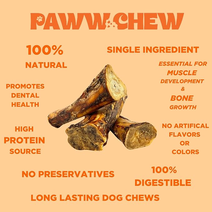 PAWW CHEW 100% Natural Dog Bones, Single Ingredient 7-8 inc (3 Pack) Made in USA, Extra Large, Grass-Fed Beef Marrow Filled Dog Bones for Aggressive Chewers, Real Meaty Marrow Bone for Large Dogs
