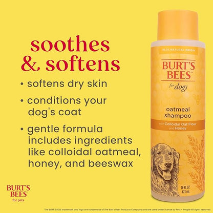 Burt's Bees for Pets Oatmeal Shampoo for Dogs with Colloidal Oat Flour and Honey - Skin Soothing Dog Oatmeal Shampoo, Moisturizing Dog Wash for Itchy Dry Skin, Essential Grooming Supplies, 16 Fl Oz