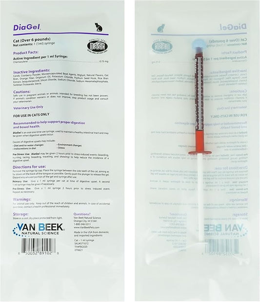 DiaGel for Cats - Orally Administered Gel for Occasional Loose Stools and Digestive Upset - Natural Pet Products - Van Beek Natural Science