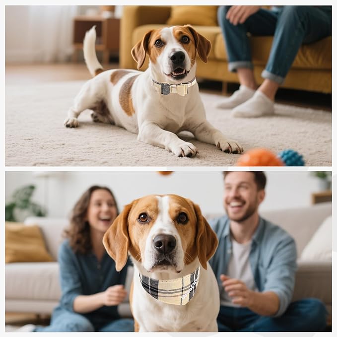 KOOLTAIL Small Dog Collar and Leash Set with Bowtie and Bells, Cute Embroidery Puppy Bandana Collar Collar and Leash with Classic Plaid Pattern,Soft Leather Tangle Free Leashes for Small Dogs,Boy Girl