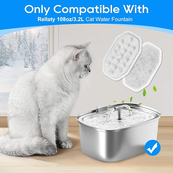 MyfatBOSS Cat Fountain Filter Replacement, Cat Water Fountain Filters Compatible with Rellaty & Fit for Neareal 3.2L/108oz Fountains, 10PCS Replacement Filters with 10PCS Sponge 10+10 Pack