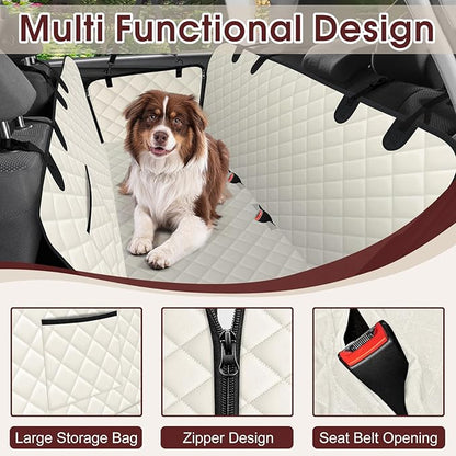 NECKORY Waterproof Dog Car Seat Cover for Back Seat - Durable, Scratch Proof Pet Hammock with Nonslip Design & Storage Pockets, Fits Cars, SUVs, Trucks - L, Beige/Black