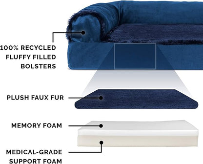 Furhaven Memory Foam Dog Bed for Large Dogs w/ Removable Bolsters & Washable Cover, For Dogs Up to 95 lbs - Plush & Velvet L Shaped Chaise - Deep Sapphire, Jumbo/XL