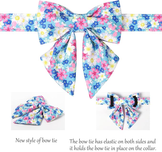 Lionet Paws Floral Dog Collar with Sailor Bow, Spring Wildflowers Daisy Forget Me Not Dog Collar Bow Tie for Large Dogs, Neck 16-24 inches