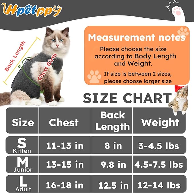 Hpetppy Cat Recovery Suit After Surgery, Breathable Cat Surgery Recovery Suit for Spay Abdominal Wounds or Skin Diseases, E-Collar Alternative Wear for Small Male Female Pets (Dark Grey, L)