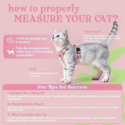 rabbitgoo Cat Harness and Leash for Walking, Escape Proof Soft Adjustable Vest Harnesses for Cats, Easy Control Breathable Reflective Strips Jacket, Pink&Light Green, M
