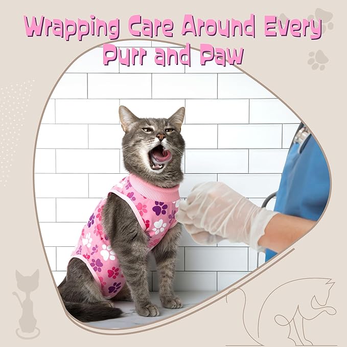 COZYDOODZ Cat Recovery Suit – Soft Breathable Cat Onesie for Female & Male Cats After Surgery, Spay, Neuter or Wounds, Cat Surgery Suit, Recovery Suit for Cats, Cone Alternative, Pink Paw Print