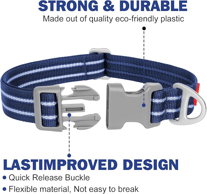 Tacwild Adjustable Reflective Dog Collar, Puppy Collar with D-Ring Buckle - Durable Safety Nylon Dog Collars for Large Dogs (Blue-L)