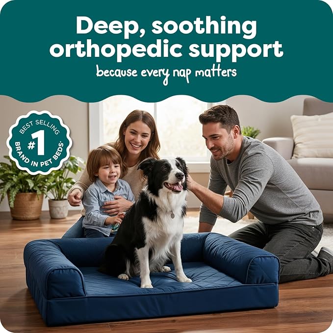FurHaven Classic Sofa Orthopedic Dog Bed for Large Dogs with Egg Crate with a Solid Orthopedic Foam Base for Joint Support, Removable Washable Cover, Large, Quilted Sofa, Navy (Blue)
