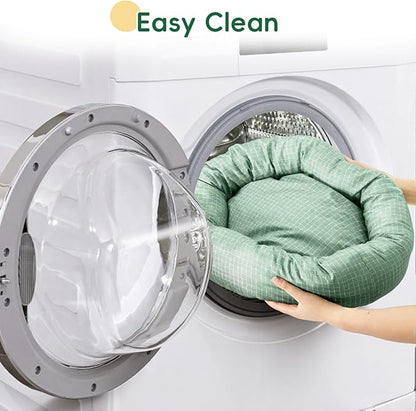 Colewin Small Cat Bed for Indoor Cats Dogs, Washable Round Donut Pet Bed for Puppies Kittens, Cute Rabbit Bunny Beds with Reversible Winter & Summer Cushion for Pets Up to 8lbs (Green)