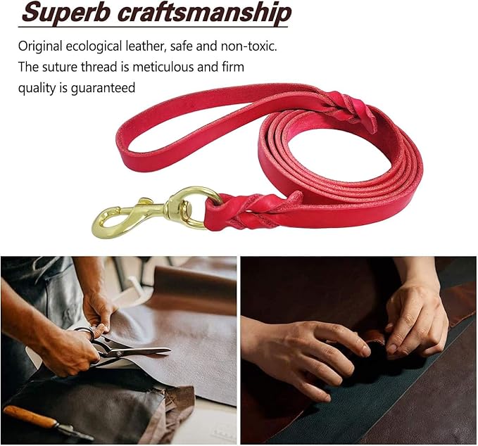 LWBMG Leather Dog Leash 6ft, Heavy Duty Dog Training Leash, Strong Durable Handmade Braided Pet Leashes, Soft and Comfortable Leather Leashes for Large, Medium Dogs Red