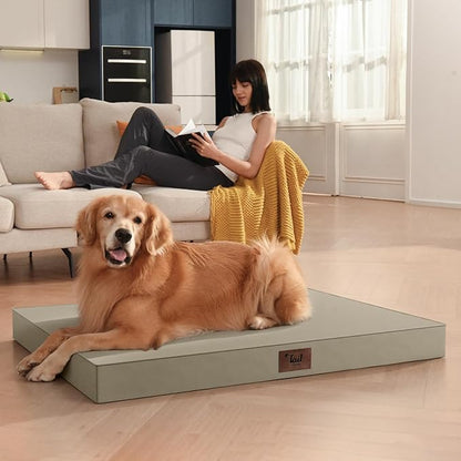 Tail Stories Outdoor Extra Large Dog Bed, Jumbo Waterproof Dog Bed for Large Dogs, Orthopedic Egg Crate Foam Pet Mat with Removable Oxford Cooling Cover, Khaki
