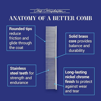 Chris Christensen 504 8.5 in. Fine/Coarse Greyhound-Style Butter Comb, Groom Like a Professional, Rounded Corners Prevent Friction and Breakage, Solid Brass Spin with Steel Teeth, Chrome Finish.