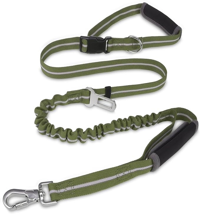 PUPTECK Heavy Duty Bungee Leash for Medium Large Dogs, No Pull Tactical Dog Leash with Double Handles for Training, Reflective with Car Seatbelt and Quick Release Buckle, Green