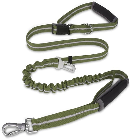 PUPTECK Heavy Duty Bungee Leash for Medium Large Dogs, No Pull Tactical Dog Leash with Double Handles for Training, Reflective with Car Seatbelt and Quick Release Buckle, Green
