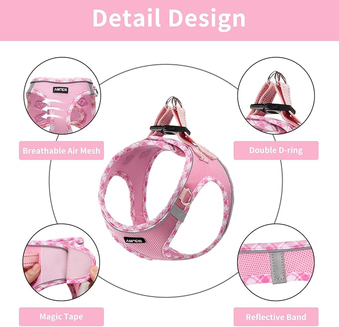 AMTOR Small Dog Harness with Leash Set, No Escape Easy Walk Puppy Harnesses for Training Walking, Step-in Reflective Soft Dogs Vest for XS S Medium Extra-Small Large Sized Dog(XS Size,Pink/White)