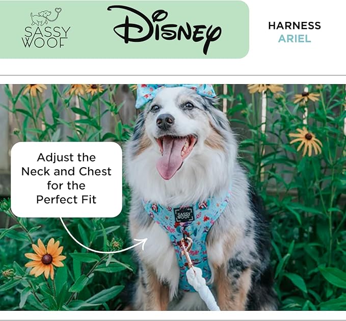 Sassy Woof Dog Adjustable Harness - Disney Princess Little Mermaid Ariel - XL, Breathable Mesh, No Pull Design with Two D-Rings, Perfect for Extra Large Dogs - Officially Licensed