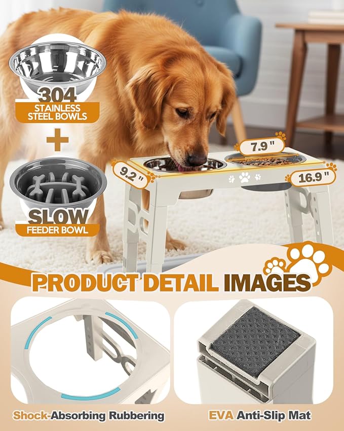 Elevated Dog Bowls, Dog Feeder with 1*Stainless Steel Dishes & 1*Slow Feeder Bowl, 5 Heights Adjustable Raised Stand for Medium Large, Food Dishes with Non-Slip Feet