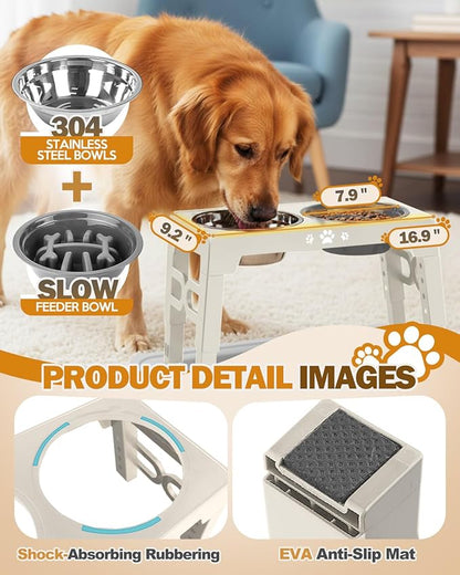Elevated Dog Bowls, Dog Feeder with 1*Stainless Steel Dishes & 1*Slow Feeder Bowl, 5 Heights Adjustable Raised Stand for Medium Large, Food Dishes with Non-Slip Feet