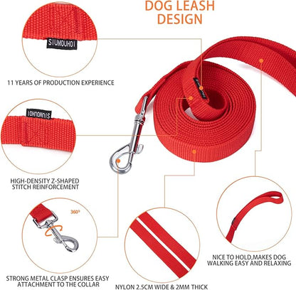 Siumouhoi Strong Durable Nylon Dog Training Leash, 1 Inch Wide Traction Rope, 6 ft 10ft 15ft Long, for Small and Medium Dog (Red, 10 Feet)