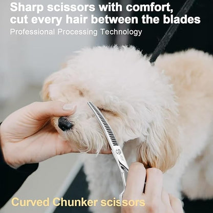 Stjuo Professional Dog Grooming Scissors, Japanese 440C Stainless Steel, 62 HRC Hardness (Curved Chunker, 7'')