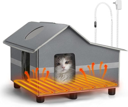 Heated Cat House for Outside Pets in Winter, Heated Outdoor Cat House Weatherproof, Insulated Cat Shelter with Heating Mat