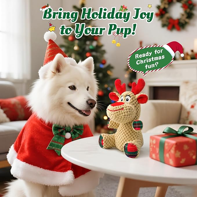 Reindeer Squeaky Plush Dog Toy – Soft Crinkle Stuffed Chew Toy for Small & Medium Dogs, Cute Holiday Puppy Toy