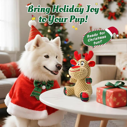 Reindeer Squeaky Plush Dog Toy – Soft Crinkle Stuffed Chew Toy for Small & Medium Dogs, Cute Holiday Puppy Toy