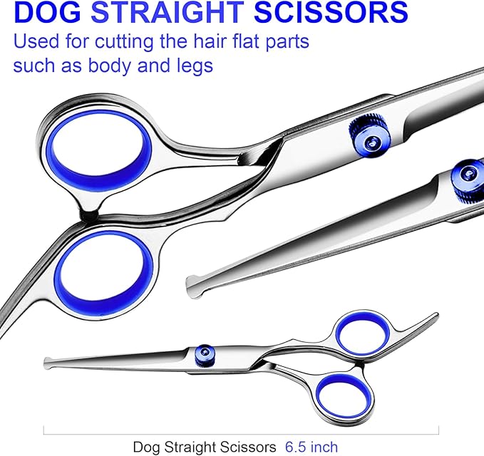 FAIGEO Professional Dog Grooming Scissors Kit, Titanium Coated Dog Scissors for Grooming, Grooming Shears Kit - Straight,Thinning, Curved Scissors and Comb for Dog Cat Pet (Blue 5 in 1)