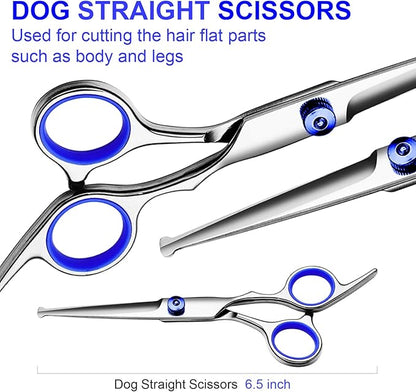 FAIGEO Professional Dog Grooming Scissors Kit, Titanium Coated Dog Scissors for Grooming, Grooming Shears Kit - Straight,Thinning, Curved Scissors and Comb for Dog Cat Pet (Blue 5 in 1)
