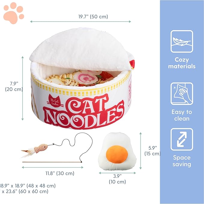 Cat Ladies Ramen Cat Bed - Cozy 5-Piece Soft Nest Set with Blanket Pillows and Teaser Toy - Compact Noodle Bowl-Themed Pet Beds & Furniture - Small Warm Indoor Cushion for Cats