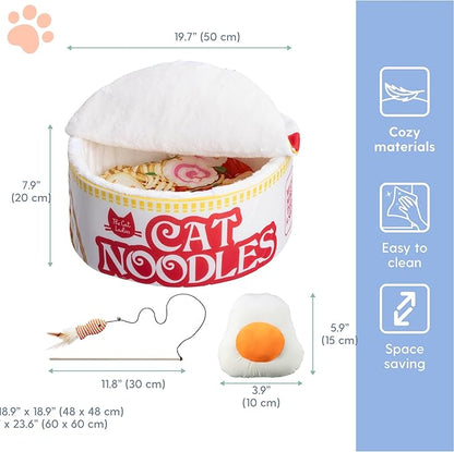 Cat Ladies Ramen Cat Bed - Cozy 5-Piece Soft Nest Set with Blanket Pillows and Teaser Toy - Compact Noodle Bowl-Themed Pet Beds & Furniture - Small Warm Indoor Cushion for Cats