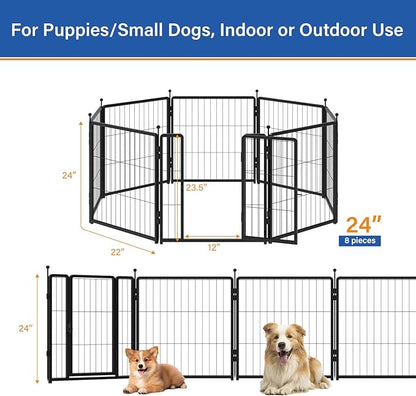 PETREEK Dog Playpen 24 inch 8 Panels for Indoor & Outdoor Use – Heavy-Duty Metal Pet Fence with Ground Stakes, Rounded Ball Tops for Safety, Stable & Foldable Design, Easy to Assemble