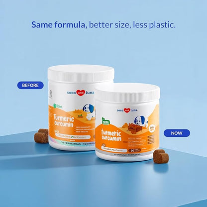 Turmeric Curcumin for Dogs - 90 Soft Chews - with Collagen, BioPerine and Fish Oil - Hip & Joint Support, Ease Inflammation, Antioxidant.