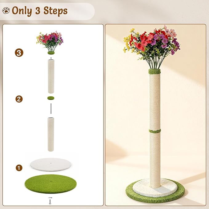 CWV 45" Tall Cat Scratching Post, Cute Violet Flower Cat Scratcher for Indoor Adult Cats & Kittens, Cat Tree Tower with Sturdy Base, Sisal Rope, Interactive Toys & Cat Gifts, Rascadores para Gatos