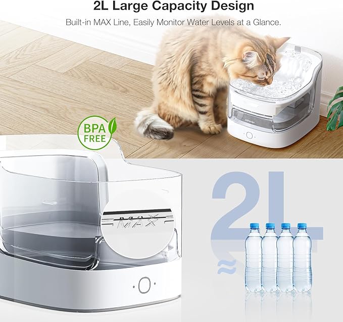 Petgugu PF1 2L Cat Water Fountain Smart App Control 8 Layers Filtration Automatic Water Dispenser for Cats Dogs Pet Water Fountain Wireless Pump Pet Health Manager 2.4G WiFi
