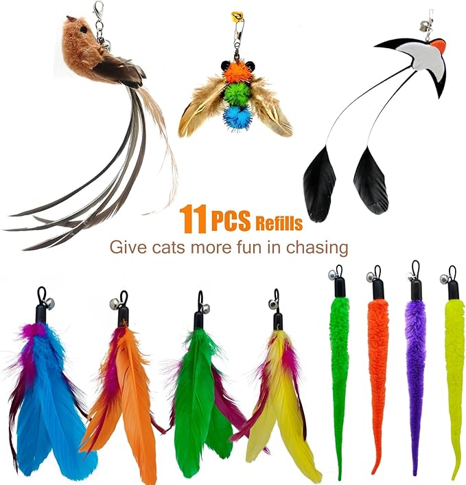miwoowim Interactive Cat Wand Toy Set – 2 Retractable Wands (38" & 50") with 11 Refills Attachments – Feather Toys, Plush Bird, Worms, Insect & Swallow – Cat Teaser Toys for Indoor Cats & Kittens
