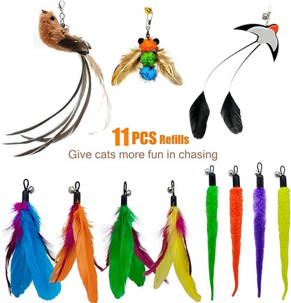 miwoowim Interactive Cat Wand Toy Set – 2 Retractable Wands (38" & 50") with 11 Refills Attachments – Feather Toys, Plush Bird, Worms, Insect & Swallow – Cat Teaser Toys for Indoor Cats & Kittens