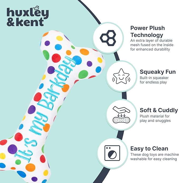 Huxley & Kent Funny Dog Toy w/Squeaker – Power Plush Squeaky Dog Toys for Small, Medium & Large Dogs – Soft Stuffed Animal for Indoor Play & Fetch - It's My Barkday Bone, Small