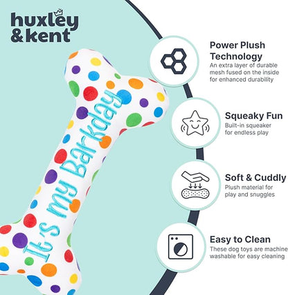 Huxley & Kent Funny Dog Toy w/Squeaker – Power Plush Squeaky Dog Toys for Small, Medium & Large Dogs – Soft Stuffed Animal for Indoor Play & Fetch - It's My Barkday Bone, Small