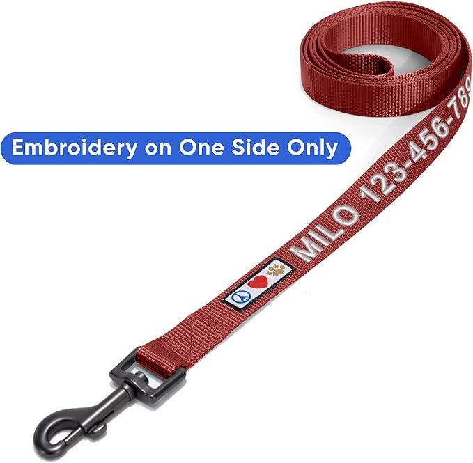 Pawtitas Personalized 6 ft Marsala Dog Leash XXS/Cat Custom Name and Phone Embroidery Strong Nylon Leash for Small Breeds