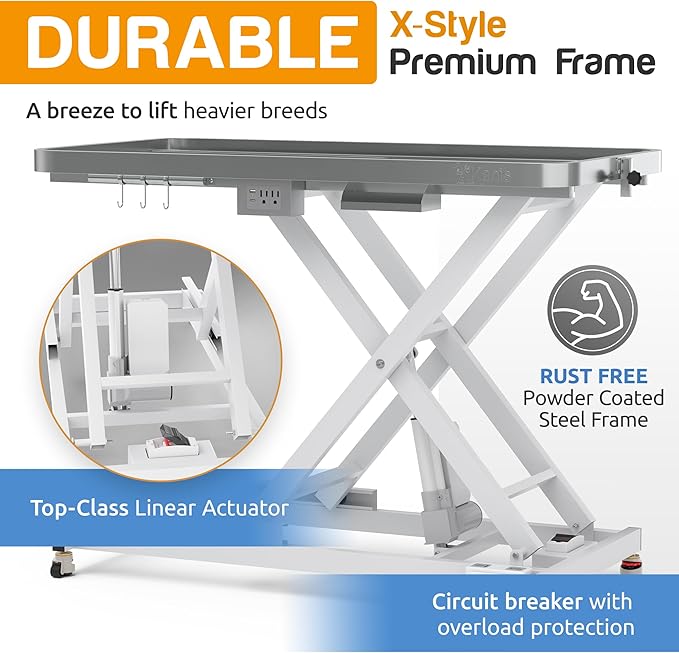KANIS 61" Professional Stainless Steel Dog Bathing Station, Left RAMP + 49" Professional Electric Dog Grooming Table, White