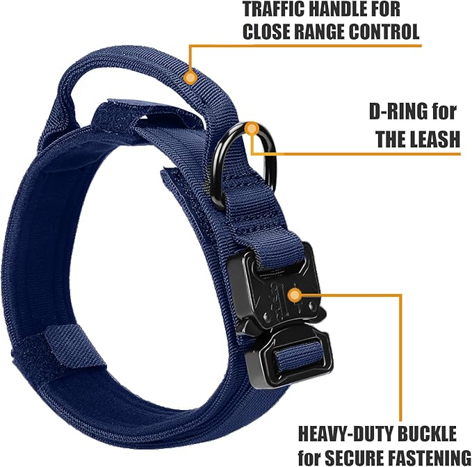 Tactical Dog Collar and Bungee Leash,Military Dog Collar & Leash Set with USA American Flag Adjustable K9 Collar with Heavy Duty Metal Buckle & Handle,with Patches and Airtags Case (Blue, M)