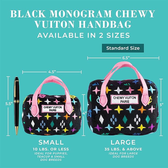 Haute Diggity Dog Black Monogram Chewy Vuiton Handbag, Plush Designer Dog Toys with Interactive Squeaker, Stimulating Pet Enrichment, Machine-Washable & Safe Materials for All Breeds, Size Large