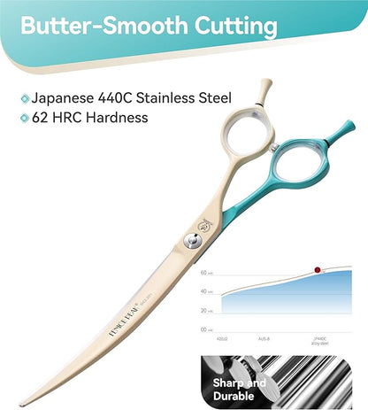 Fenice Peak Curved Dog Grooming Scissors with Coating 440C Stainless Steel, 7 inch Professional Curved Shears Dog Grooming，25 Degree of Curved Blade，Pet Shear for Trimming Face and Paws, Green & White