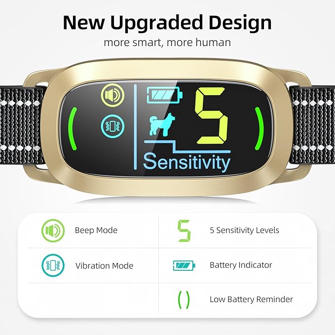 FAFAFROG Dog Bark Collar for Large Medium Small Dogs, Rechargeable Smart Bark Collar, Anti Barking Training Collar with 5 Adjustable Sensitivity Beep Vibration (Gold)