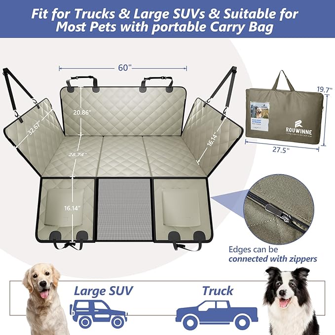 ROUWINNE Back Seat Extender for Dogs Truck-Large Space, Pet Seat Cover Back Seat Hard Bottom Holds 400lbs, Waterproof Dog Hammock for Crew Cab Trucks F150, RAM1500, Sierra, Tundra, Silverado