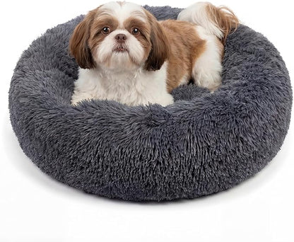Calming Donut Dogs Beds for Small Dogs Washable,23inch Plush Round Pet Bed for Cozy Sleep,Fluffy Faux Fur Large Cat Bed,Fits up to 25 lbs Pets,Dark Grey