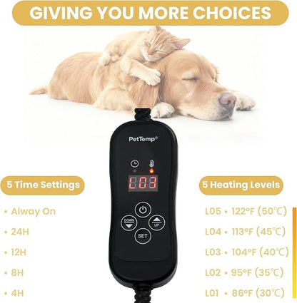 PetTemp Cat Heating Pad, Heated Cat Bed with 5 Heat Levels, Timer & Auto Shut-Off, Waterproof Warmer with Thick Fleece Cover, Chew-Resistant Cord, for Indoor & Sheltered Outdoor Use, 16" x 13"