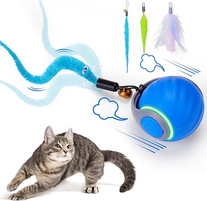 Dr. Fluffyyes Interactive Cat Toy Ball - Motion-Activated, USB Rechargeable Cat Toys for Indoor Cats with Anti-Scratch Cover & 2 Changeable Tails - Enrichment Toy for Active Cats & Kittens